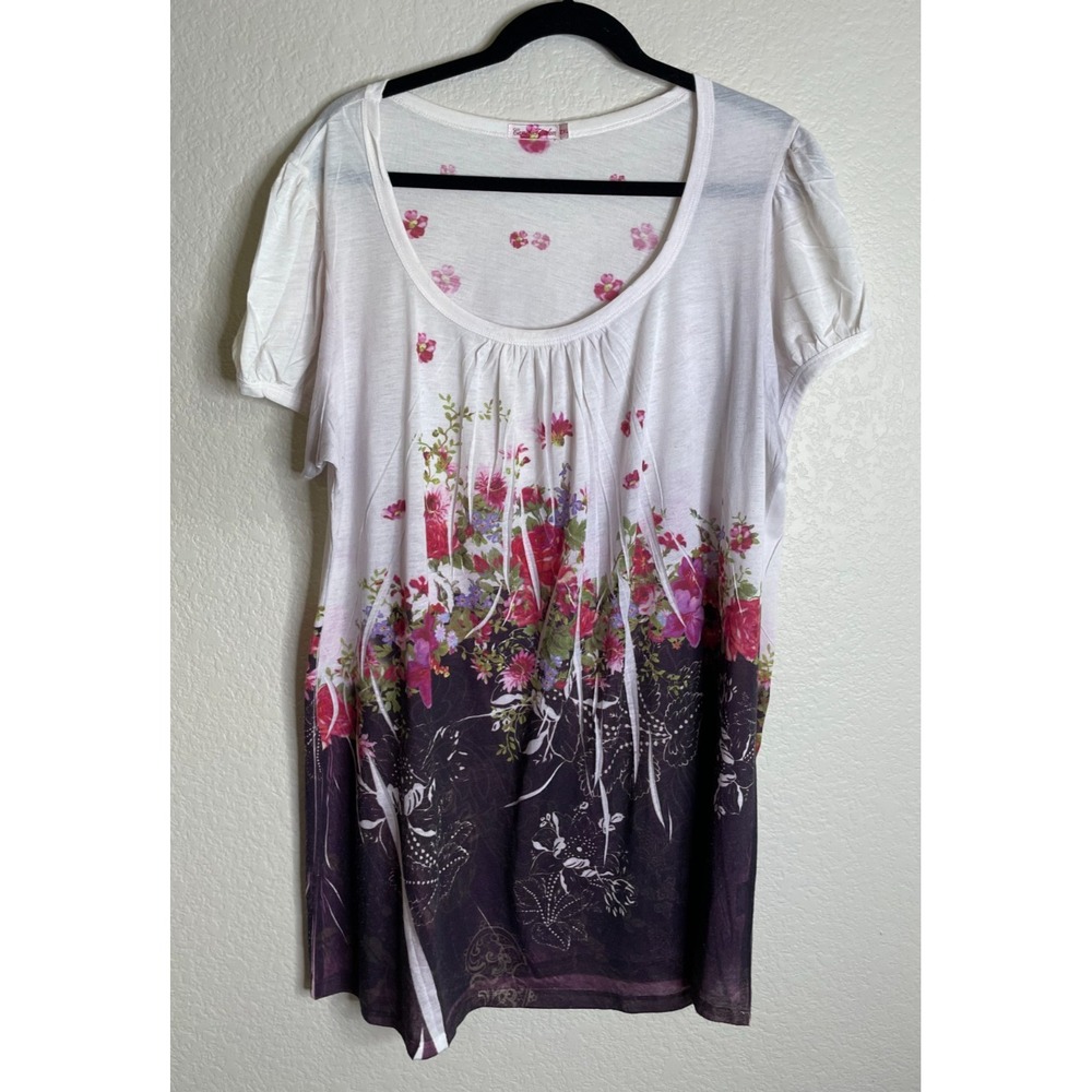 Casual Freedom Womens 2XL Tunic Top White Purple Floral Short Sleeve Slub Knit